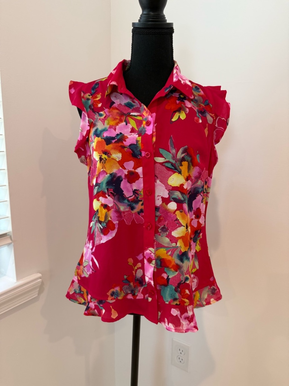 NY & Co Floral Blouse | Bright Red Button Front Top